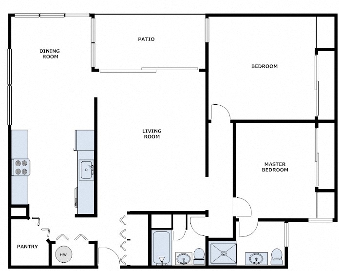 Floor plan for 2 beds, 2 baths, 1100 sqft